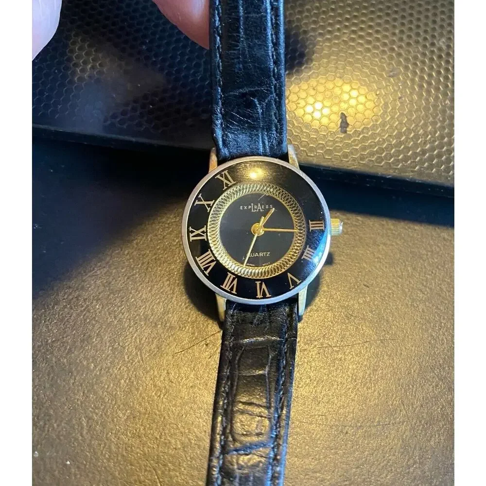 Women's LA Express Watch, Gold Tone with Black Bezel, Black Leather Band